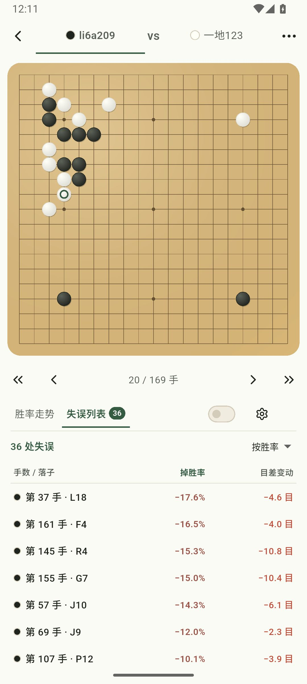 弈见 App 真实失误列表截图:按胜率排序,查看失误手数、掉胜率和目差变动